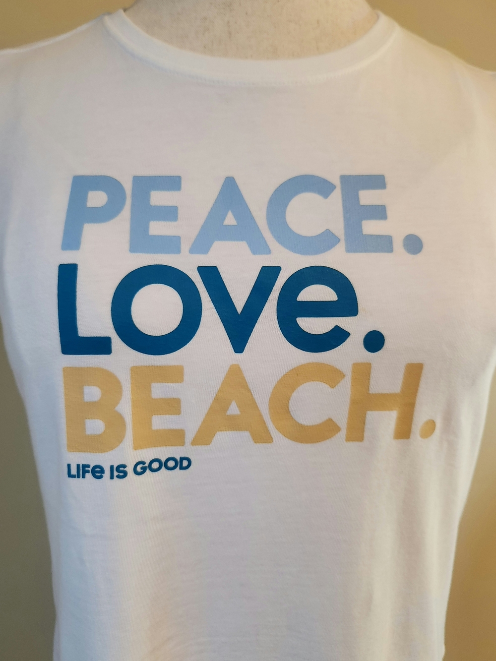 Life is Good Womens Crew Neck Med White "Peace Love Beach" Crusher Tee Costal